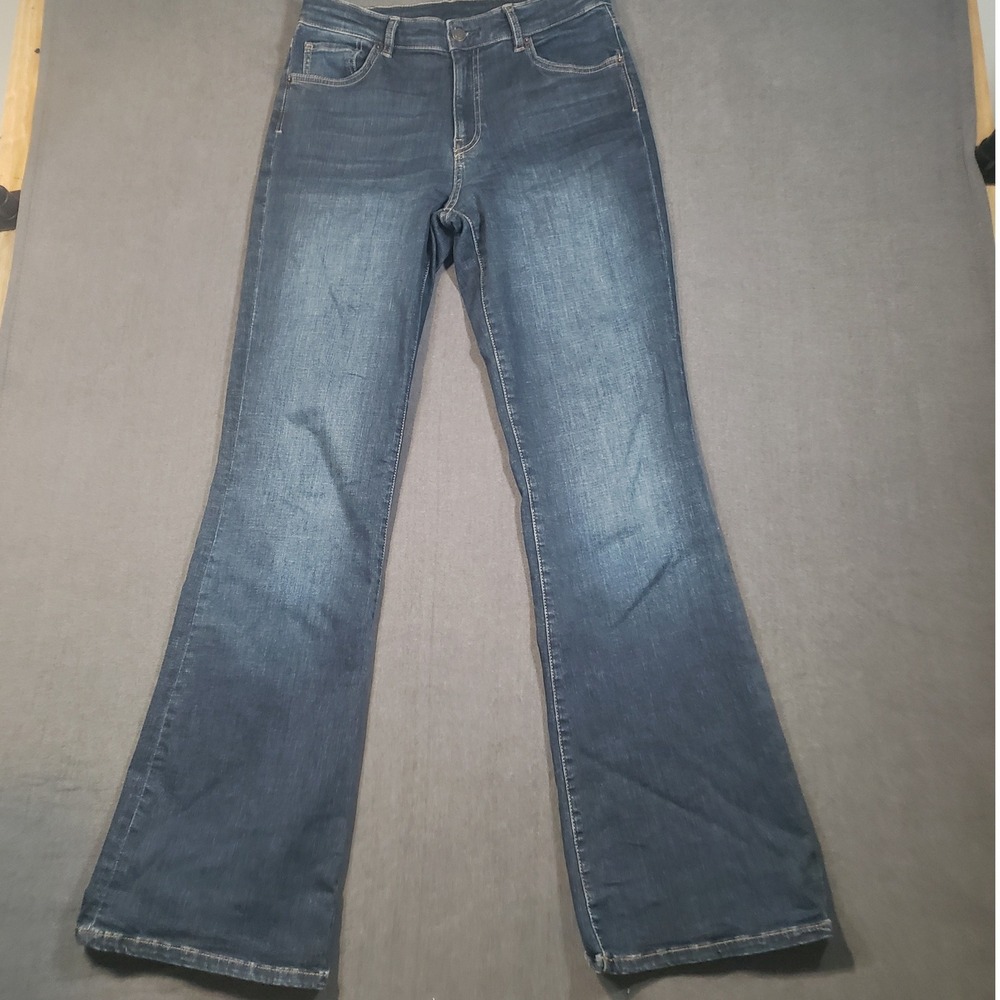 Massimo Dutti Flare Jeans Womens 10 Blue Dark Wash Stretch Denim High Rise